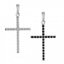 обзорное фото Серебряный крестик двухсторонний с чёрными и белыми фианитами 037734  Серебряные подвески крестики