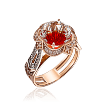 обзорное фото Женское золотое кольцо с горным хрусталем и фианитами Огненный Цветок 033380  Золотые кольца