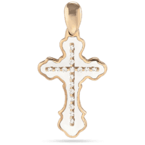обзорное фото Крест с белой эмалью и фианитами в красном золоте 039037  Декоративные золотые крестики