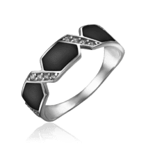 обзорное фото Кольцо серебряное с черной эмалью и фианитами 034748  Серебряные кольца