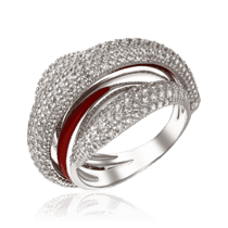 обзорное фото Серебряное массивное кольцо с красной эмалью и белыми фианитами 035029  Серебряные кольца