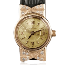 обзорное фото Женские золотые часы с кожаным ремешком с цирконием 036135  Женские золотые часы