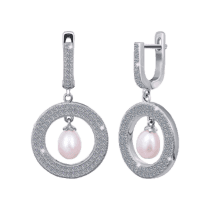 обзорное фото Серебряные серьги с жемчугом и фианитами 025554  Серебряные серьги с камнями