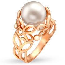 обзорное фото Золотое кольцо с жемчугом и фианитами 028599  Золотые кольца с жемчугом