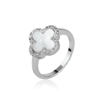 обзорное фото Серебряное кольцо с белым перламутром и фианитами 028299  Серебряные кольца со вставками