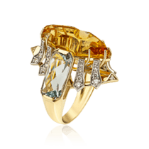 обзорное фото Золотое кольцо с крупным камнем цитрин, кварцем и фианитами 036073  Золотые кольца