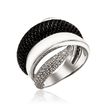 обзорное фото Массивное серебряное кольцо с фианитами и белой эмалью 034196  Серебряные кольца