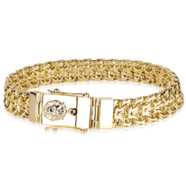 обзорное фото Золотой эксклюзивный мужской литой браслет тройной бисмарк "Лев" с чёрным бриллиантом 038930  Золотые мужские браслеты