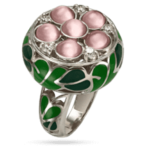 обзорное фото Серебряное кольцо с розовым улекситом, белыми фианитами и зеленой эмалью 039241  Серебряные кольца со вставками