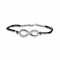 обзорное фото Черный шелковый шнурок Бесконечность с фианитами и серебряным замком 026148  Серебряные женские браслеты