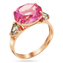 обзорное фото Золотое кольцо с розовым корундом и кварцем 039174  Золотые кольца с кварцем