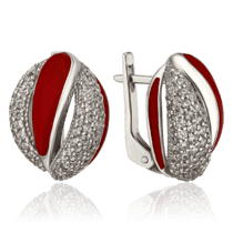 обзорное фото Обьемные серебряные серьги с красной эмалью и фианитами 034678  Серебряные серьги