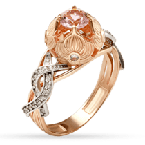 обзорное фото Оригинальное золотое кольцо с морганитом и фианитами 030456  Золотые кольца с морганитом