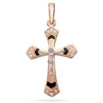 обзорное фото Золотой православный крест Спаси и Сохрани с фанитами и черной эмалью 039130  Золотые крестики православные