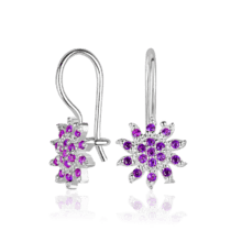 обзорное фото Серебряные серьги детские на петельке цветочки с фиолетовыми фианитами 037596  Подарок дочке