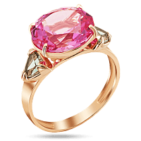 Золотое кольцо с розовым корундом и кварцем 039174