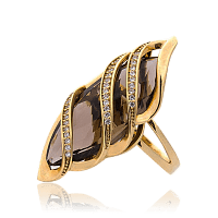Золотое кольцо массивное с раухтопазом і фіанітами 034582