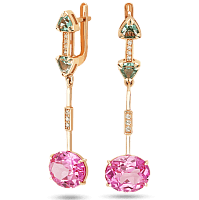 Золоті сережки з рожевим корундом, кварцем та фіанітами 039173