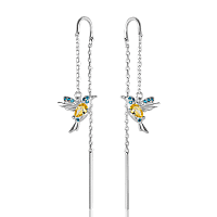 Срібні сережки-протяжки Колібрі з жовто-блакитними фіанітами 037666