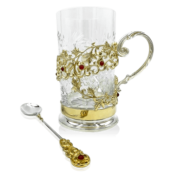 Серебряный набор подстаканник и ложка с позолотой и кабошонами 036360 036360 фото