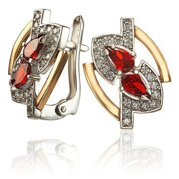 Сережки в комбінованому золоті 585 з червоними каменями 033976 033976 фото
