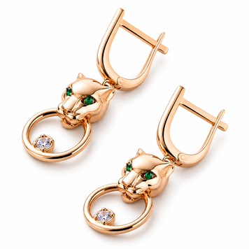 Сережки у червоному золоті 585 проби Emerald Panther Instinct з фіанітами 041931 041931 фото