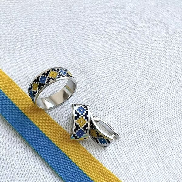 Срібна каблучка Українська Вишиванка жовто-блакитна, родоване срібло 925 проби 037255 037255 фото