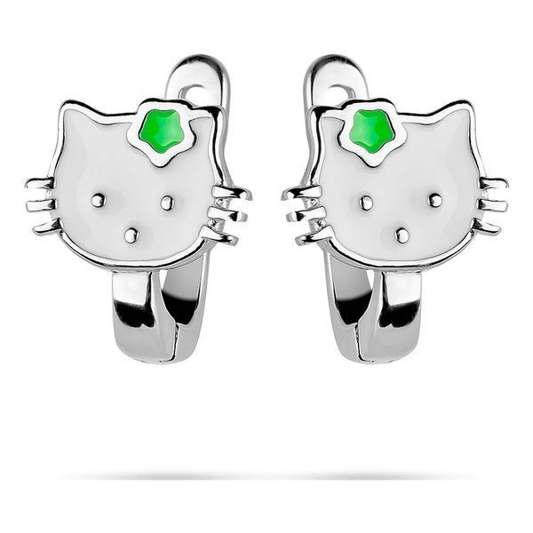 Срібні дитячі кульчики Hello Kitty з білою та зеленою емаллю 039460 039460 фото