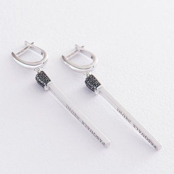 Серьги Спички из белого золота с черными фианитами 031678 031678 фото