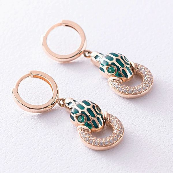 Серьги-конго Emerald Snake Gaze в лимонном золоте 585 пробы с эмалью и фианитами 042003 042003 фото