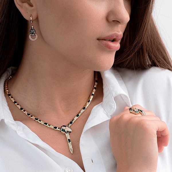 Серьги-конго Emerald Snake Gaze в лимонном золоте 585 пробы с эмалью и фианитами 042003 042003 фото