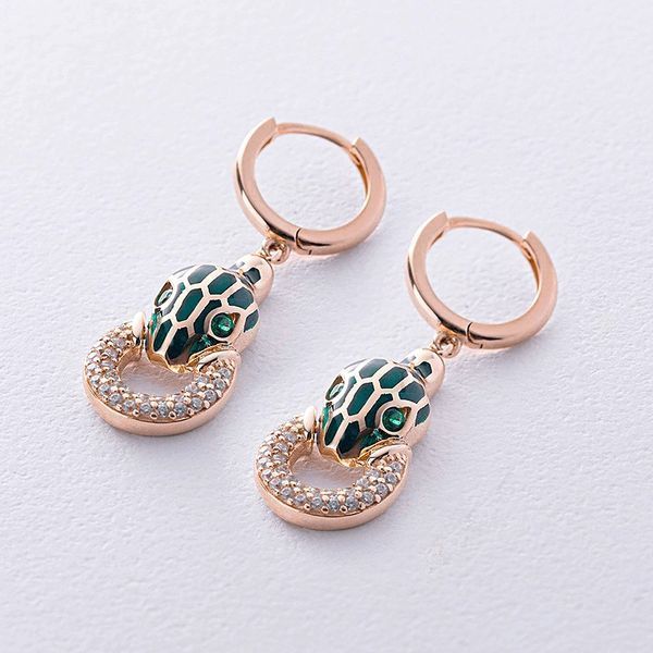 Серьги-конго Emerald Snake Gaze в лимонном золоте 585 пробы с эмалью и фианитами 042003 042003 фото