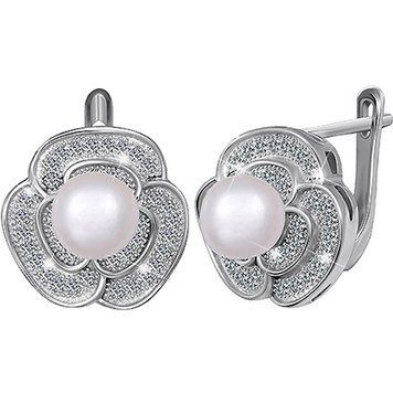 Серебряные серьги с жемчугом и фианитом 025557 025557 фото