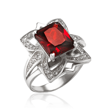 Серебряное кольцо в виде цветка с красным фианитом 034825 034825 фото