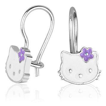 Серебряные серьги детские Китти Kitty французский замок фиолетовый бантик 037622 037622 фото