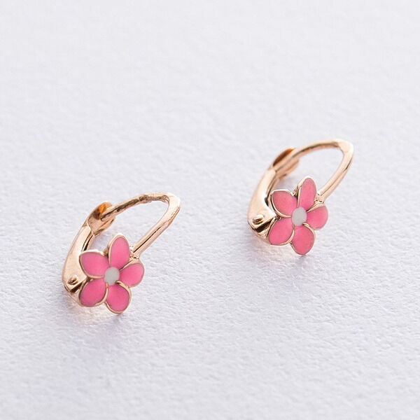 Золотые серьги с розовой эмалью цветочки 037536 детальное изображение ювелирного изделия Золотые детские сережки Золотые серьги с розовой эмалью цветочки 037536 детальное изображение ювелирного изделия Золотые детские сережки