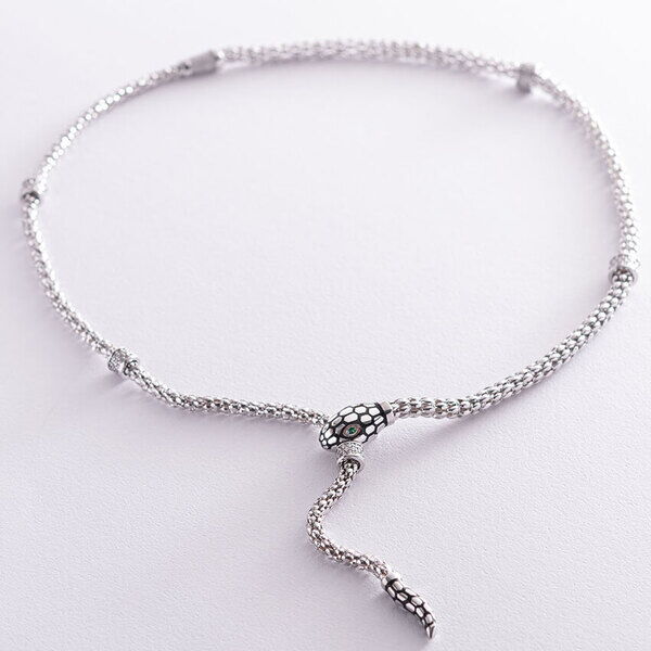 Ексклюзивне кольє у білому золоті з емаллю та фіанітами у вигляді змії 037950 детальне зображення ювелірного виробу Ексклюзивне кольє у білому золоті з емаллю та фіанітами у вигляді змії 037950 детальне зображення ювелірного виробу