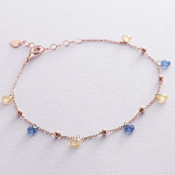 Золотой браслет в красном золоте с желтыми и голубыми фианитами 038510 детальное изображение ювелирного изделия Женские золотые браслеты Золотой браслет в красном золоте с желтыми и голубыми фианитами 038510 детальное изображение ювелирного изделия Женские золотые браслеты