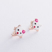 обзорное фото Золотые серьги с эмалью "Hello Kitty" Китти в красном золоте 037545  Золотые детские сережки