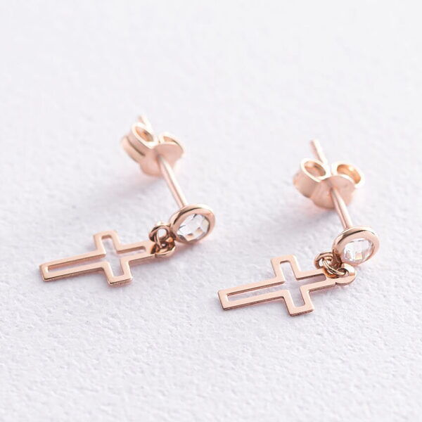 Золотые серьги-пуссеты крестики с фианитами красное золото 585 проба 037778 детальное изображение ювелирного изделия Золотые серьги с фианитом Золотые серьги-пуссеты крестики с фианитами красное золото 585 проба 037778 детальное изображение ювелирного изделия Золотые серьги с фианитом