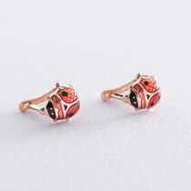 обзорное фото Золотые детские серьги с эмалью Божья Коровка Lady Bug на английском замке 037542  Золотые детские сережки