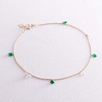 обзорное фото Браслет в жёлтом золоте на ногу, с зелёными и белыми фианитами 037489  Золотые браслеты на ногу