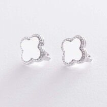 обзорное фото Золотые глянцевые серьги Клевер с фианитами 038415  Золотые серьги с фианитом