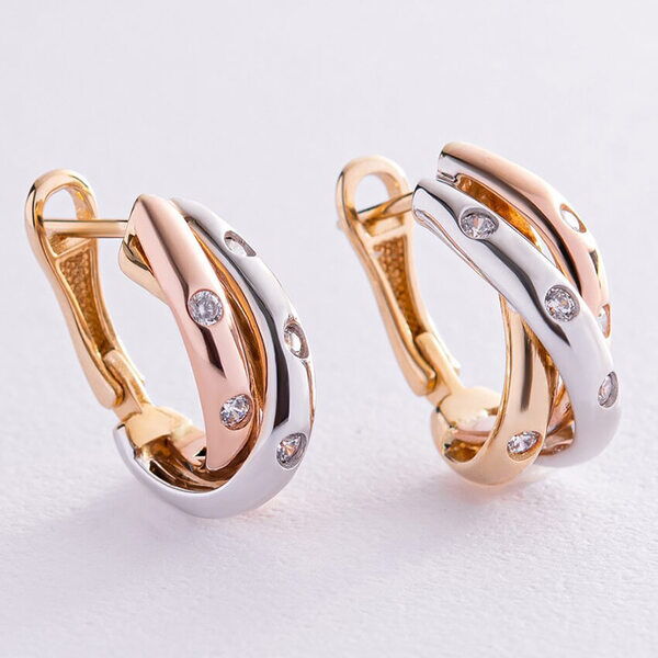 Золотые серьги в комбинированном золоте (красное, белое, желтое) с фианитами 037714 детальное изображение ювелирного изделия Золотые серьги с фианитом Золотые серьги в комбинированном золоте (красное, белое, желтое) с фианитами 037714 детальное изображение ювелирного изделия Золотые серьги с фианитом