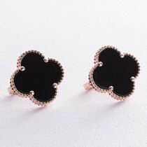 обзорное фото Женские серьги с ониксом в красном золоте Клевер 039245  Золотые серьги с ониксом