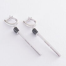 обзорное фото Серьги Спички из белого золота с черными фианитами 031678 Золотые серьги с фианитом обзорное фото Серьги Спички из белого золота с черными фианитами 031678  Золотые серьги с фианитом
