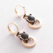 обзорное фото Золотые серьги Пантера с черными фианитами 038401  Золотые серьги с фианитом