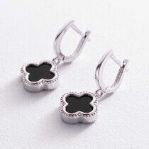 обзорное фото Серьги Клевер в белом золоте с ониксом 038420  Золотые серьги с ониксом