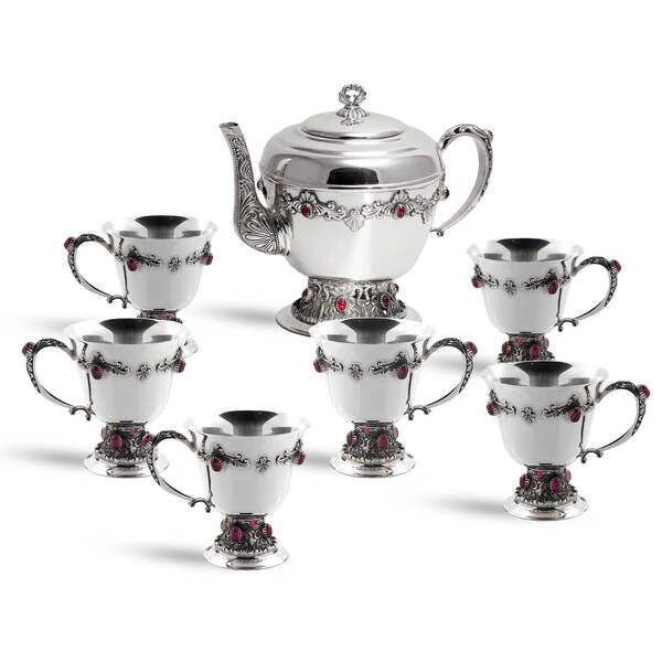 Серебряный сервиз чашки и чайник с корундом 036502 детальное изображение ювелирного изделия Наборы столового серебра Серебряный сервиз чашки и чайник с корундом 036502 детальное изображение ювелирного изделия Наборы столового серебра