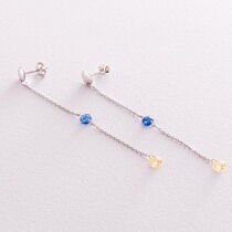 обзорное фото Золотые серьги-пуссеты "Украинка" с жёлто-голубыми фианитами 037466  Золотые серьги с фианитом